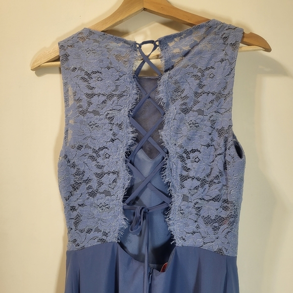 Slate blue formal dress with lace top and chiffon skirt - Picture 4 of 11